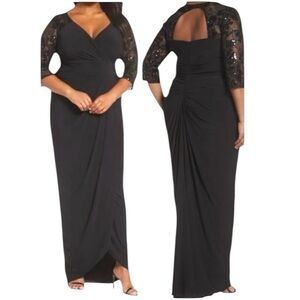 Adrianna Papel Illusion Lace V-Neck Ruched Gown NWT